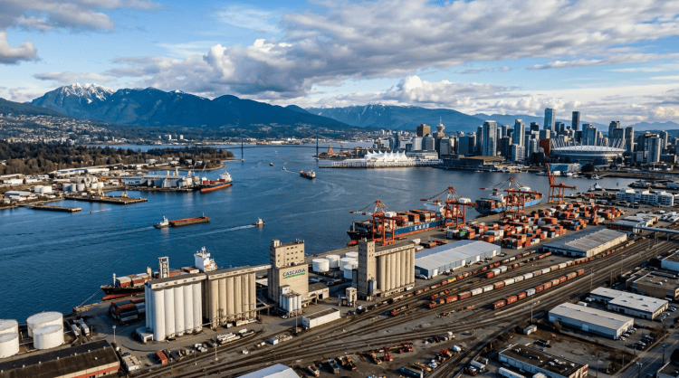 Aerial view of Vancouver harbor, port, downtown skyline, and mountains