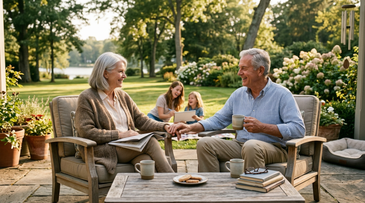 Older couple holding hands on patio while family relaxes in garden